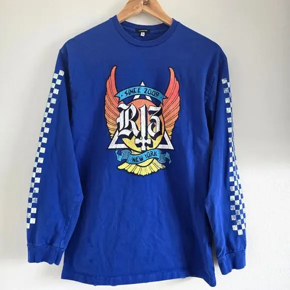 R13 Skate Long Sleeve Graphic T-shirt Blue Unisex Size XS Japanese Fabric
